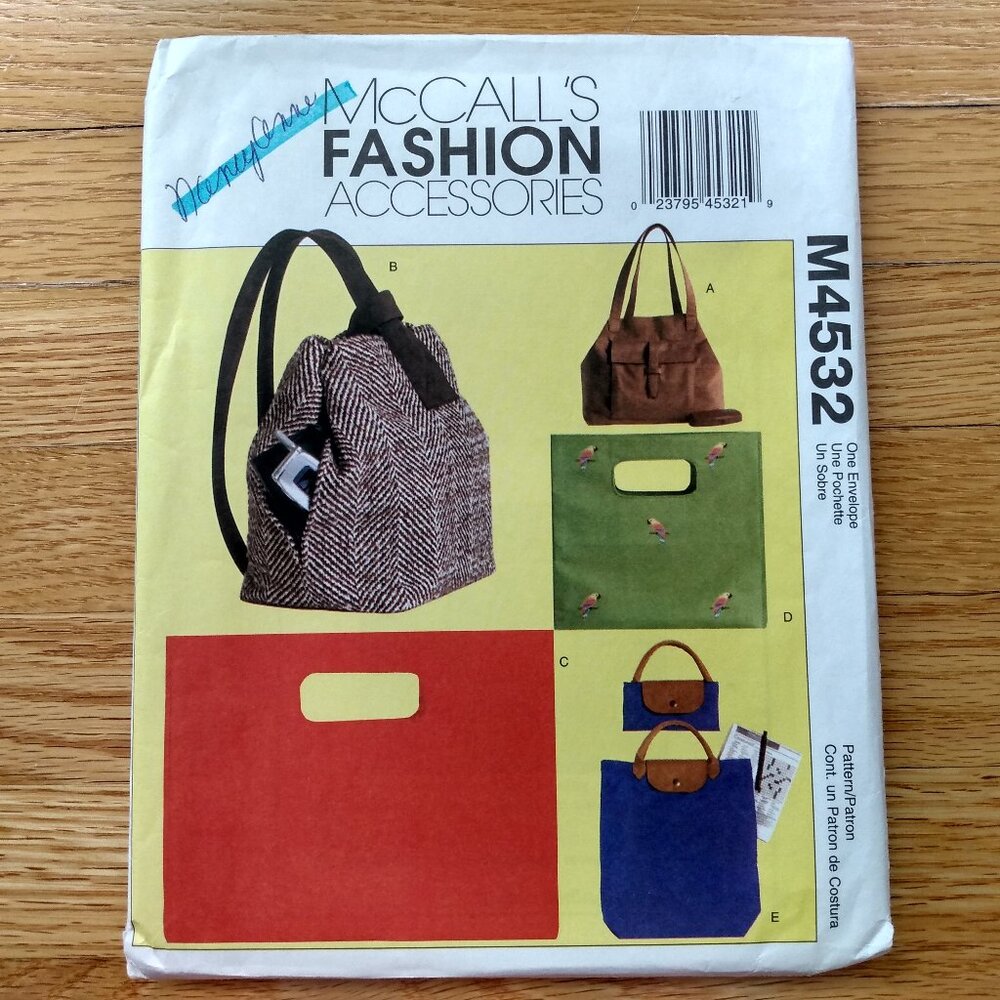 Vintage Purse Tote Bag Backpack Sewing Pattern Minimalist McCall's 4532 UNCUT